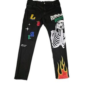 Lifted Anchors Bridges Chenille Patches Black Denim Jeans Pants Size 42 Men's